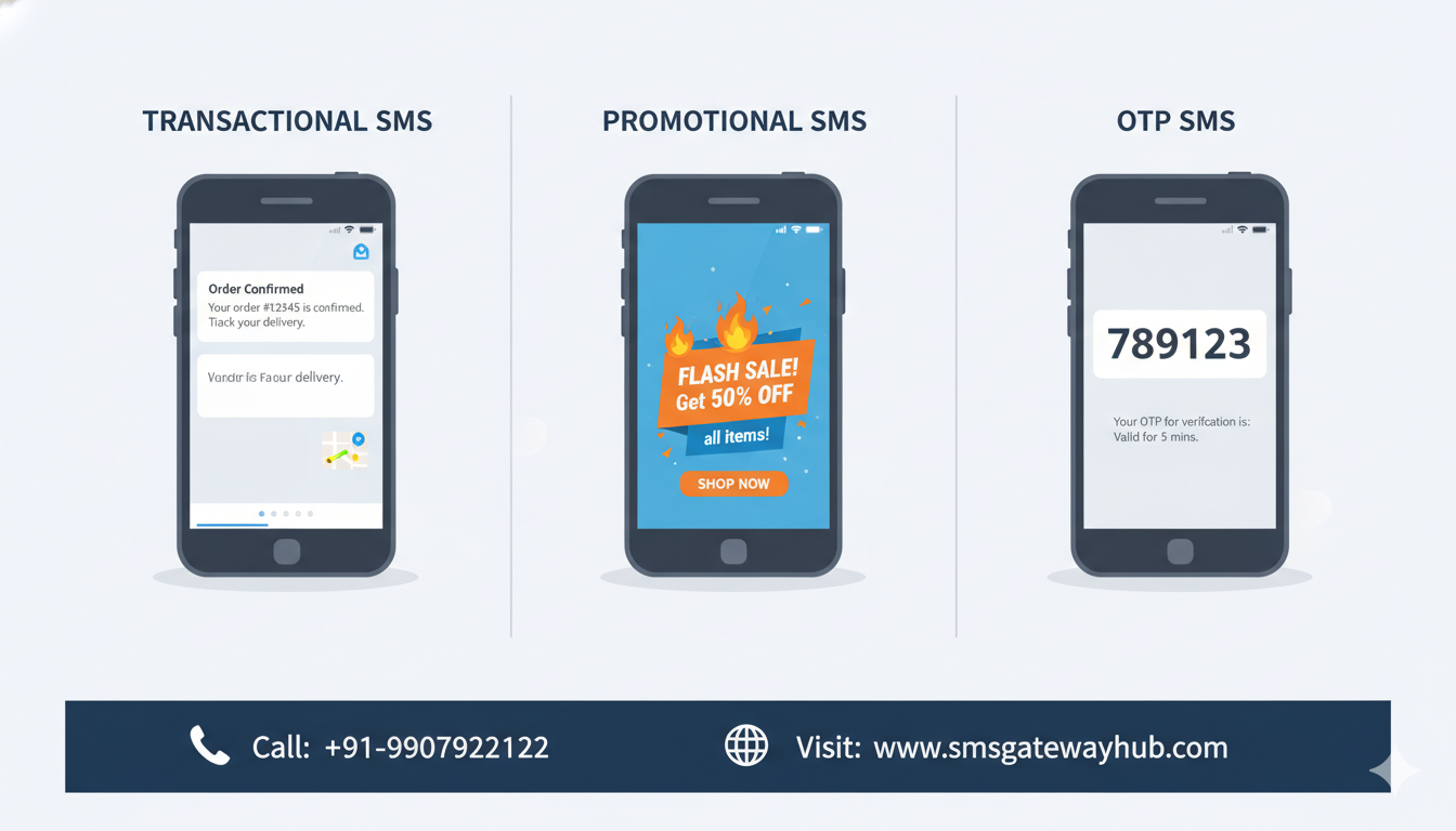 infographic style illustration showing three types of SMS messages on smartphone screens