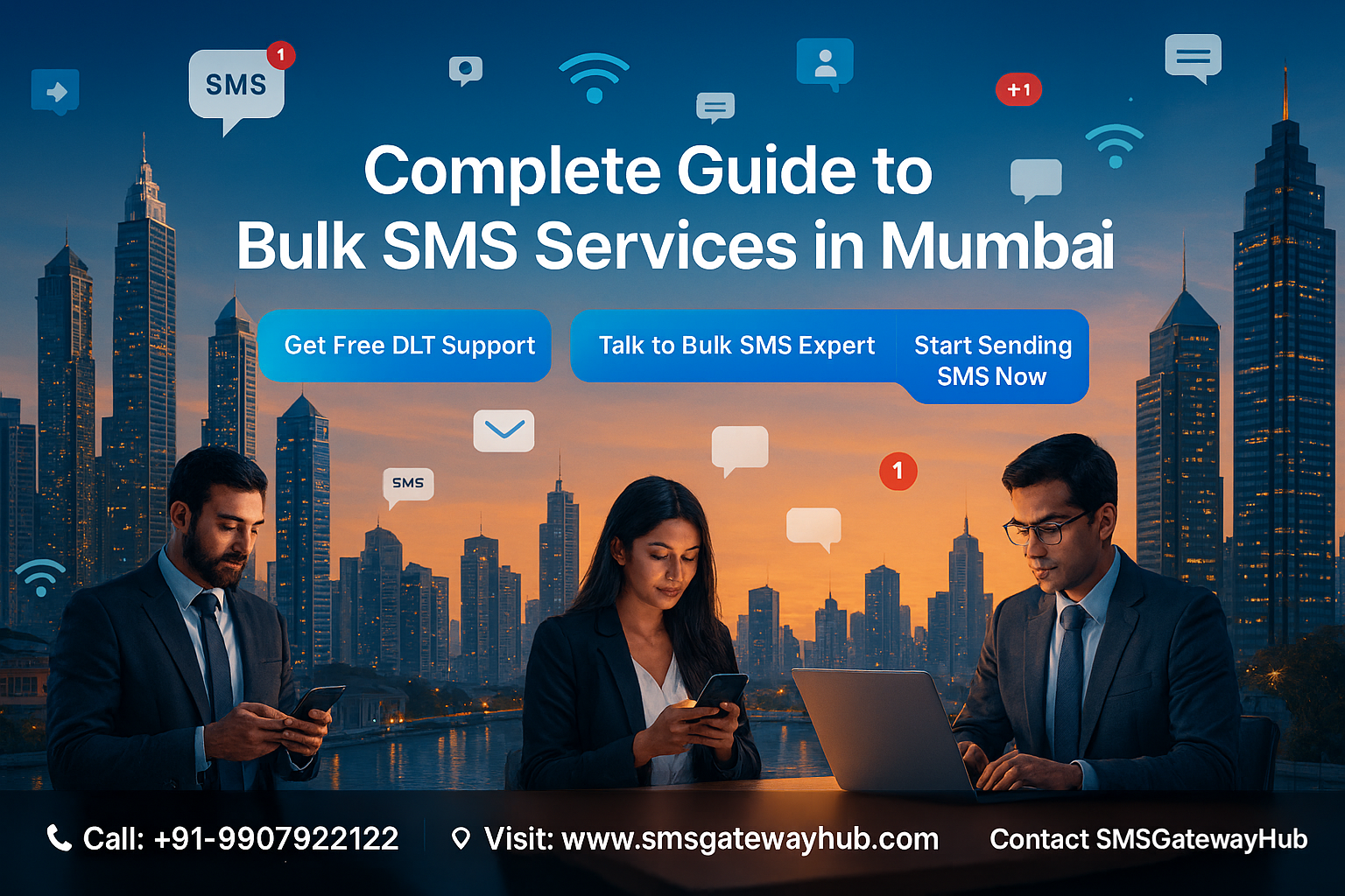 image of a professional Indian business person in a Mumbai office using a smartphone for SMS marketing